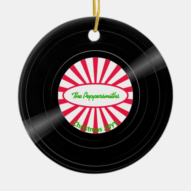 Personalized Vinyl Record Red Ray Burst Photo Ceramic Ornament (Front)