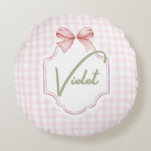 Personalized Violet Baby Girl Nursery Bow&Gingham  Round Pillow