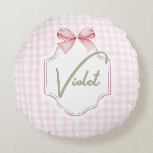 Personalized Violet Baby Girl Nursery Bow&Gingham  Round Pillow (Front)