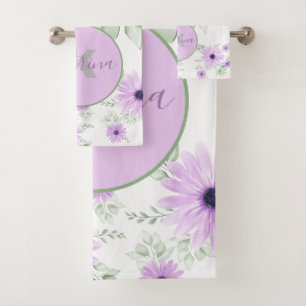 Personalized Violet & Green Watercolor Floral Bath Towel Set