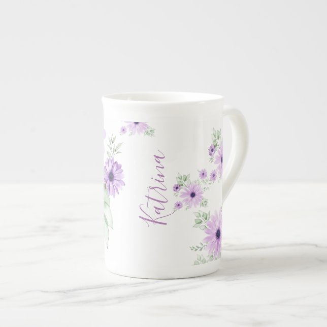 Personalized Violet & Green Watercolor Floral  Bone China Mug (Front Right)