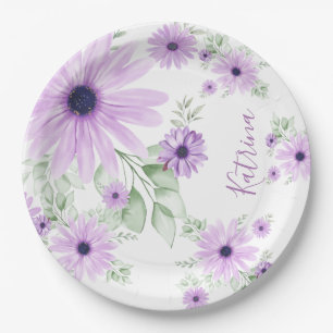 Personalized Violet & Green Watercolor Floral Paper Plates
