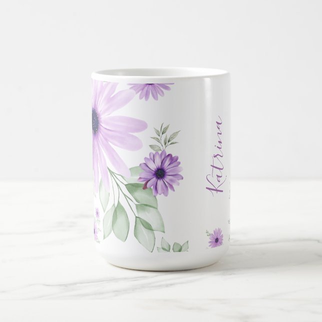 Personalized Violet Green Watercolor Flowers Coffee Mug (Center)