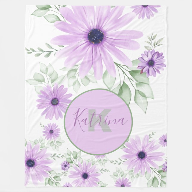 Personalized  Violet Green, Watercolor Flowers Fleece Blanket (Front)