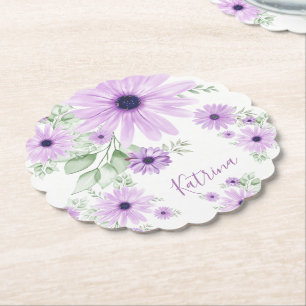 Personalized Violet Green, Watercolor Flowers Paper Coaster