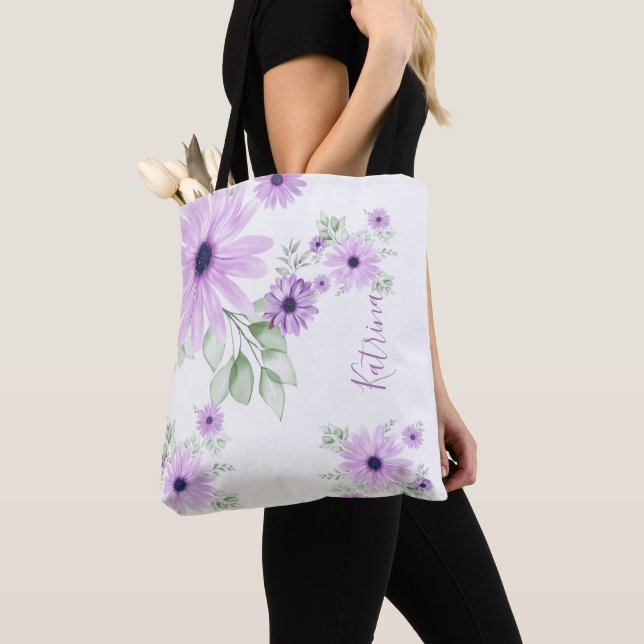 Personalized Violet Green Watercolor Flowers  Tote Bag (Close Up)