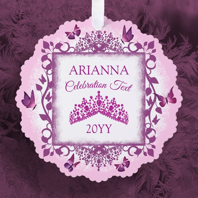 Personalized Violet Tiara & Butterflies Keepsake Ornament Card (pink tiara and butterflies christmas tree ornament with custom message, personalized paper ornament)