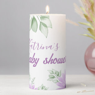 Personalized Violet Watercolor Floral Baby Shower Pillar Candle