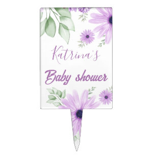 Personalized Violet Watercolor Flowers Baby Shower Cake Topper