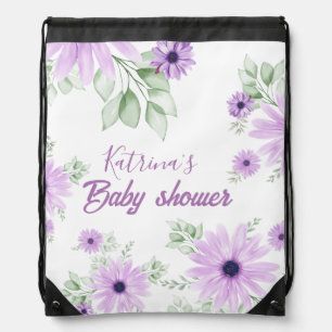 Personalized Violet Watercolor Flowers Baby Shower Drawstring Bag