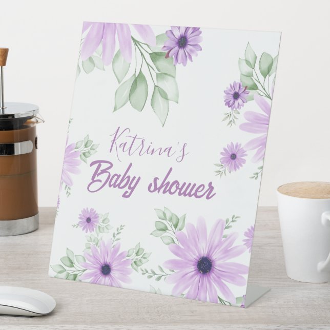 Personalized Violet Watercolor Flowers Baby Shower Pedestal Sign (In SItu)