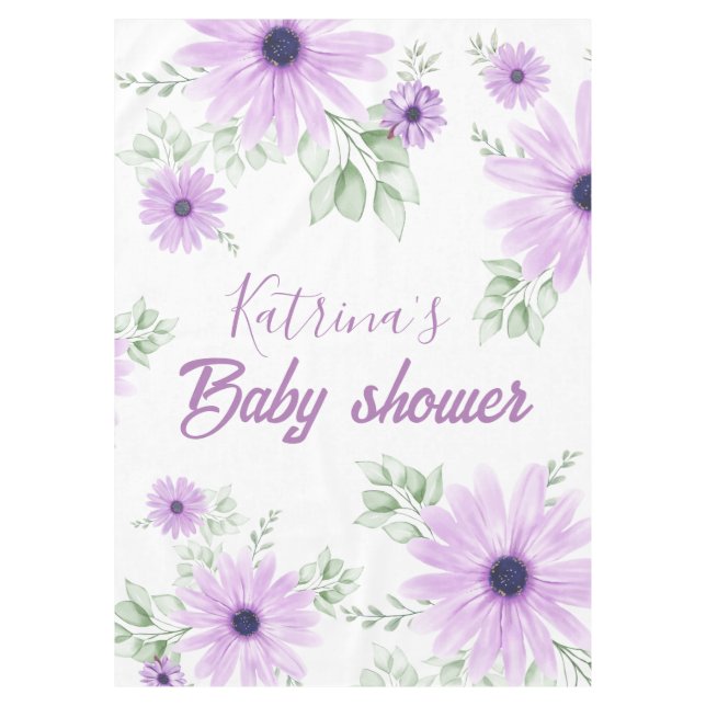 Personalized Violet Watercolor Flowers Baby Shower Tablecloth (Front)
