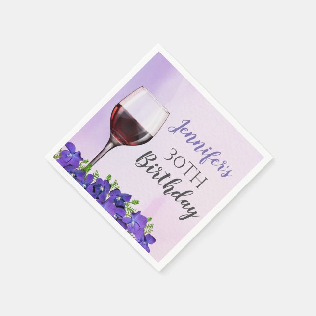 Personalized Violets and Wine Glass 30th Birthday Napkins (Corner)
