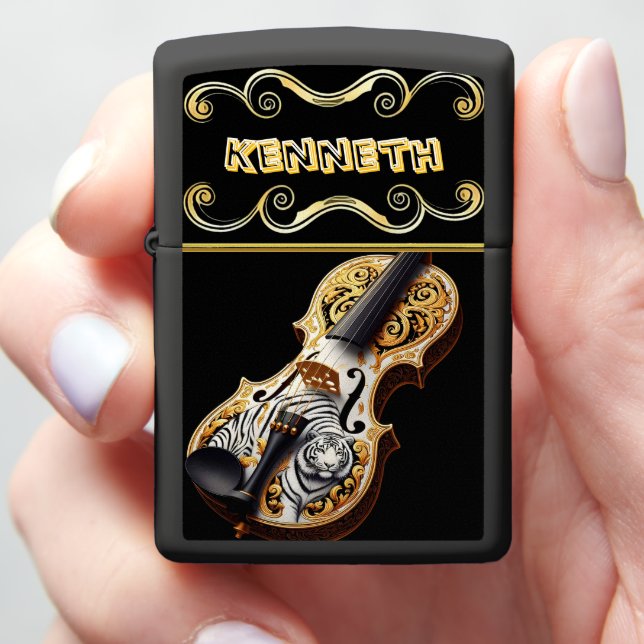 Personalized Violin with Fierce Tiger Design Zippo Lighter (In Hand)