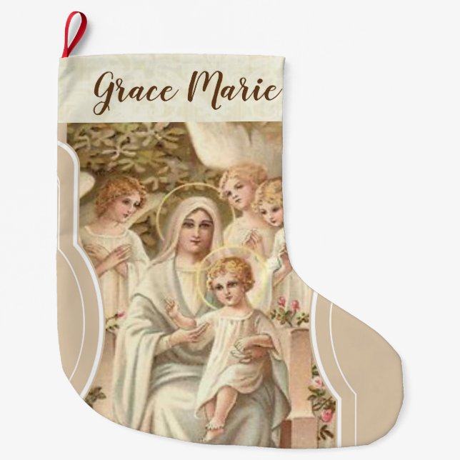Personalized Virgin Mary with Jesus & Angels Large Christmas Stocking (Front)