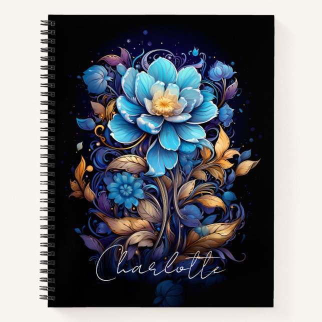Personalized Vivid Blue Flower with Name Notebook (Front)