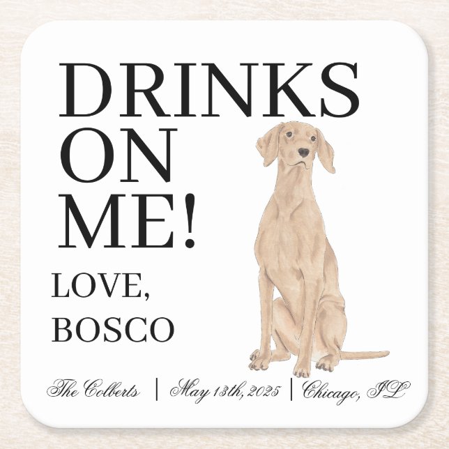 Personalized Vizsla Wedding Square Paper Coaster (Front)