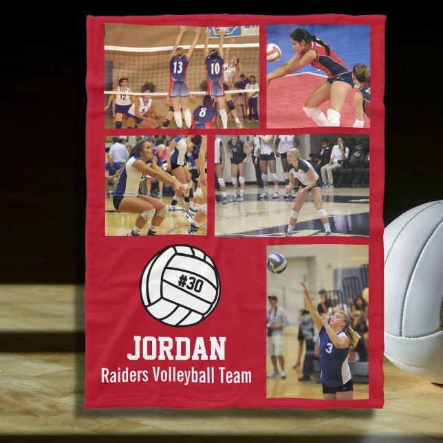 Personalized Volleyball 5 Photo Collage Name Team# Fleece Blanket (Creator Uploaded)