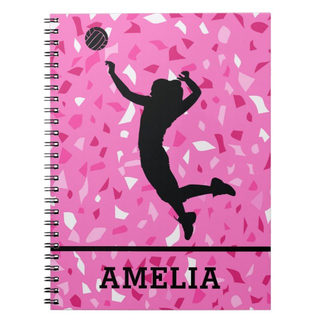 Personalized Volleyball And Pink Terrazzo Pattern Notebook (Front)