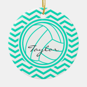 Personalized Volleyball; Aqua Green Chevron Ceramic Ornament
