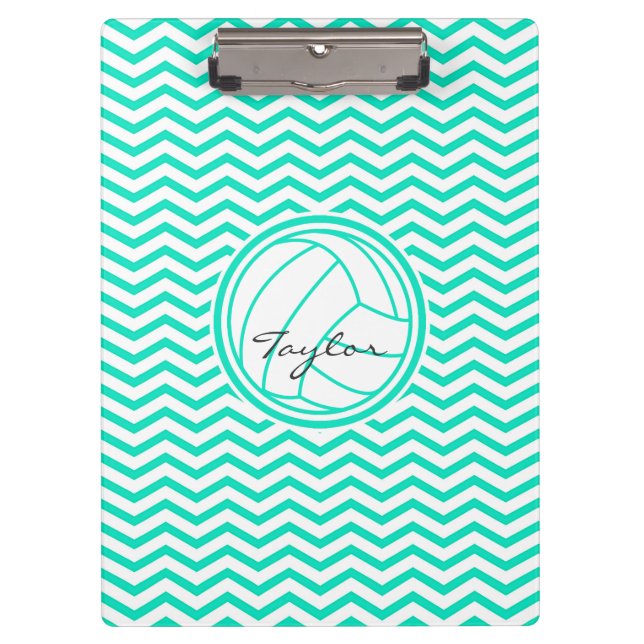 Personalized Volleyball; Aqua Green Chevron Clipboard (Front)