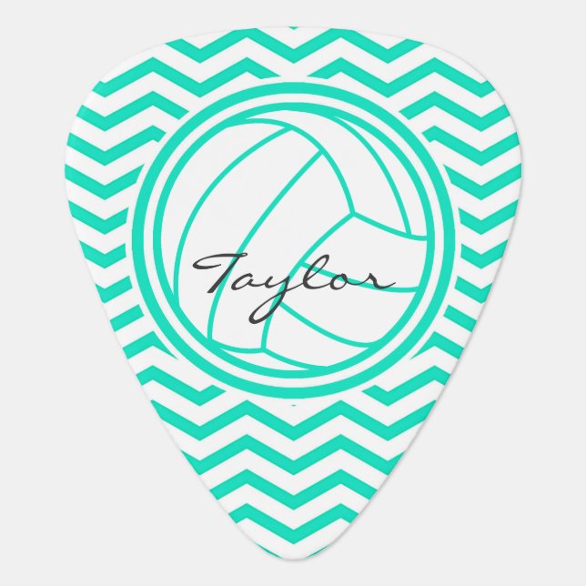 Personalized Volleyball; Aqua Green Chevron Guitar Pick (Front)
