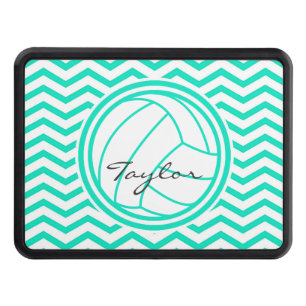 Personalized Volleyball; Aqua Green Chevron Trailer Hitch Cover
