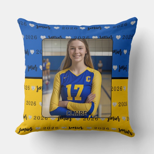 Personalized Volleyball Blue and Yellow Senior Throw Pillow (Front)