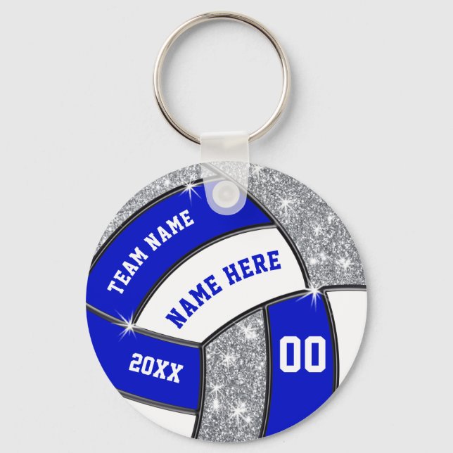 Personalized Volleyball Gifts, Blue White Silver Keychain (Front)