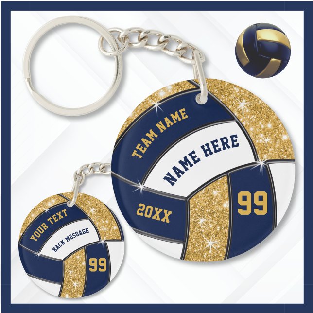 Personalized Volleyball Keychains, 6 Text Boxes Keychain (Volleyball Team Gift Ideas for Girls Volleyball Team. Navy Blue, Gold and White, Volleyball Keychain)