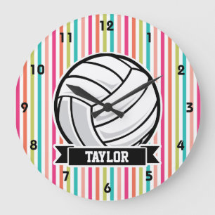 Personalized Volleyball on Colorful Stripes Large Clock