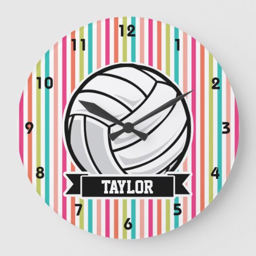 Personalized Volleyball on Colorful Stripes Large Clock