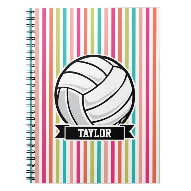 Personalized Volleyball on Colorful Stripes Notebook (Front)