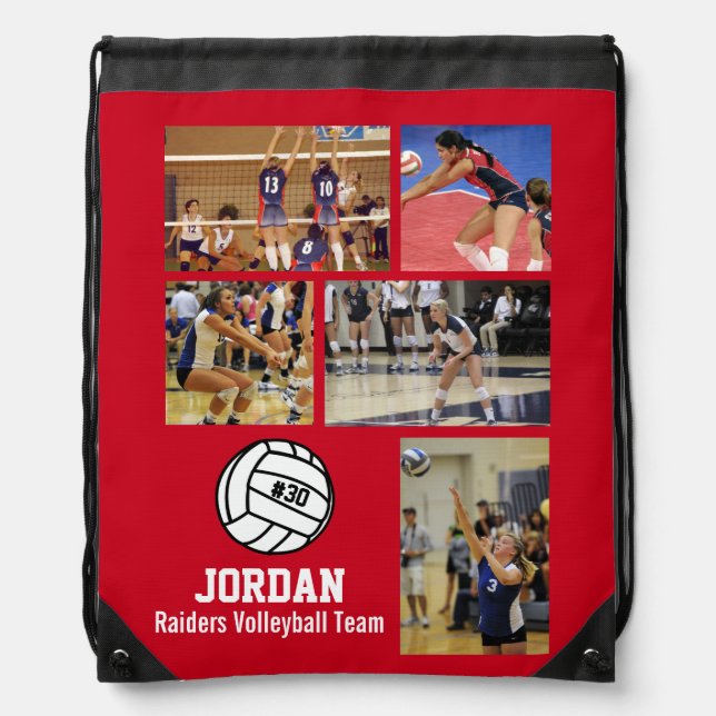 Personalized Volleyball Photo Collage Name Team # Drawstring Bag (Front)