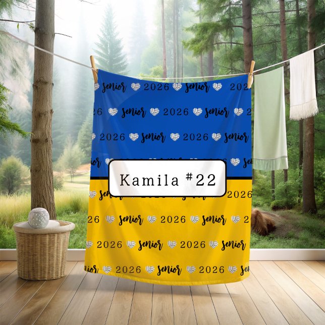 Personalized Volleyball Senior blue and yellow  Fleece Blanket (Creator Uploaded)
