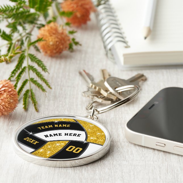 Personalized Volleyball Team Gifts. Black and Gold Keychain (Side)