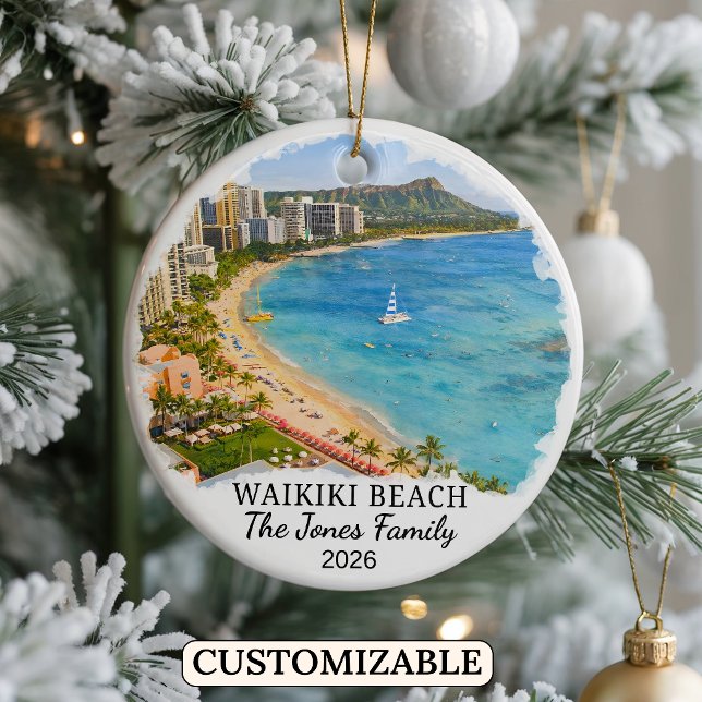 Personalized Waikiki Beach Ornament, Custom Hawaii Ceramic Ornament (Creator Uploaded)