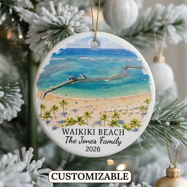 Personalized Waikiki Beach Ornament, Custom Hawaii Ceramic Ornament (Creator Uploaded)