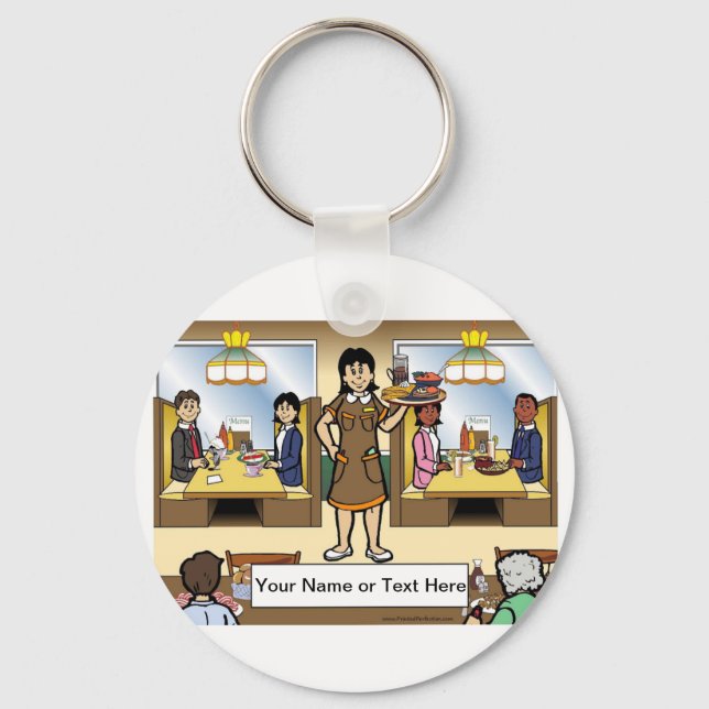 Personalized Waitress, Casual Dining Cartoon  Keychain (Front)