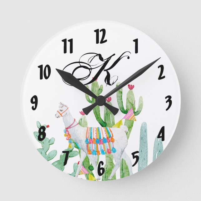 Personalized Wall Clock Boho Llama Bohemian Cacti (Front)