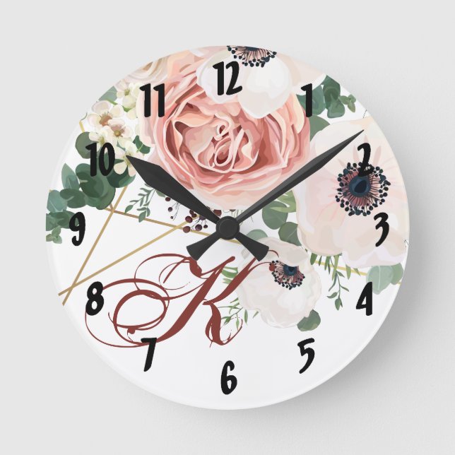 Personalized Wall Clock Geometric Garden Rose Anem (Front)
