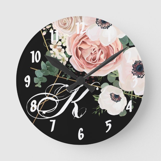 Personalized Wall Clock Geometric Garden Rose Blac (Front)
