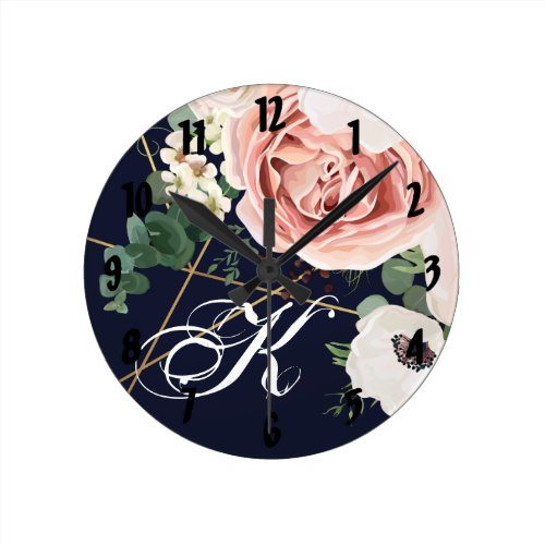 Personalized Wall Clock Geometric Garden Rose Navy