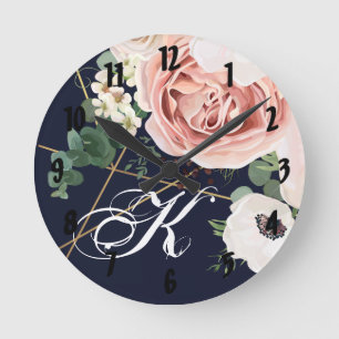 Personalized Wall Clock Geometric Garden Rose Navy