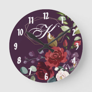 Personalized Wall Clock Plum Purple Roses Gold Geo