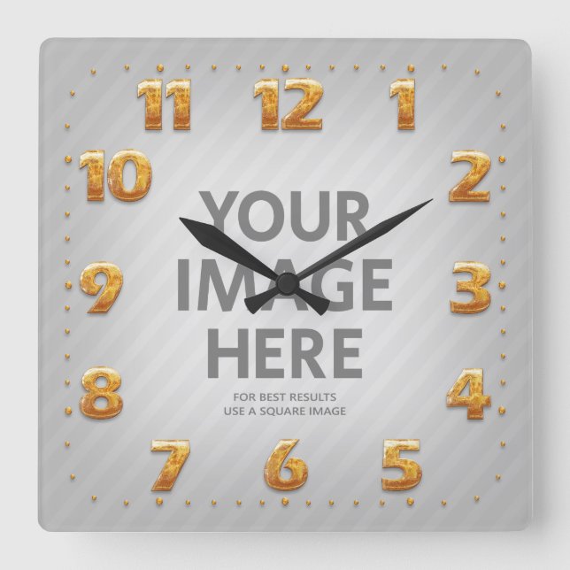 Personalized Wall Clocks Square Photo Gold Numbers (Front)