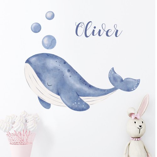 Personalized wall decal with cute watercolor whale