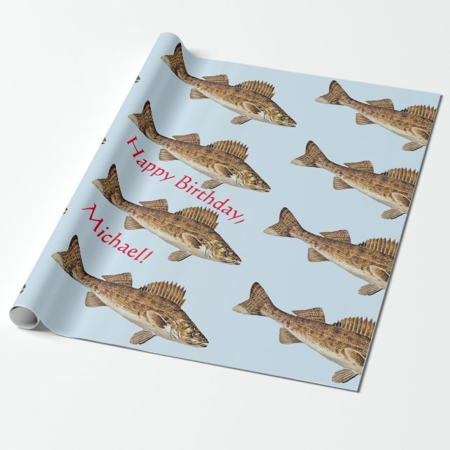 Personalized Walleye Pike Happy Birthday Wrapping Paper (Unrolled)