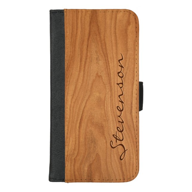 Personalized Walnut Wood Grain Look iPhone Wallet Case (Front)