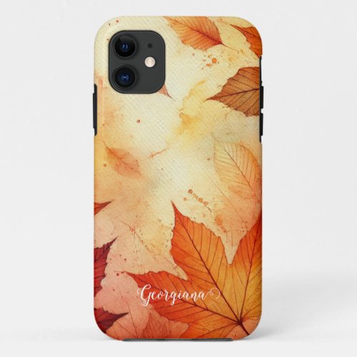 Personalized Warm Autumnal Watercolor Leaves iPhone 11 Case
